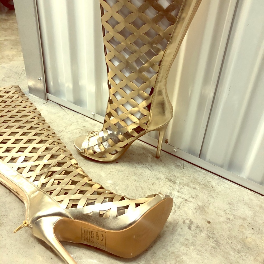 Gold Over the knee cage boots